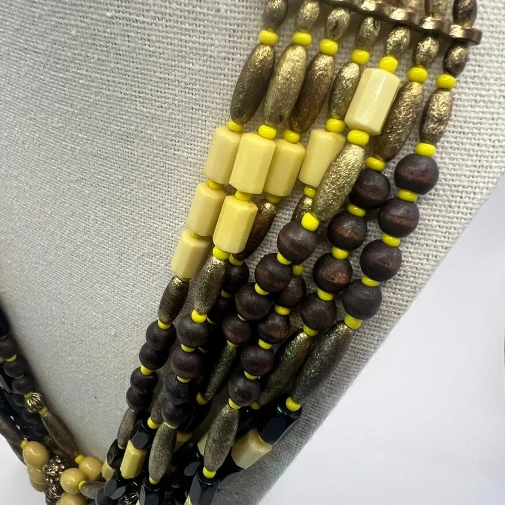 Vintage Boho Multi-Strand Necklace Yellow Black Natural Wood Seed‎ Beads Earthy